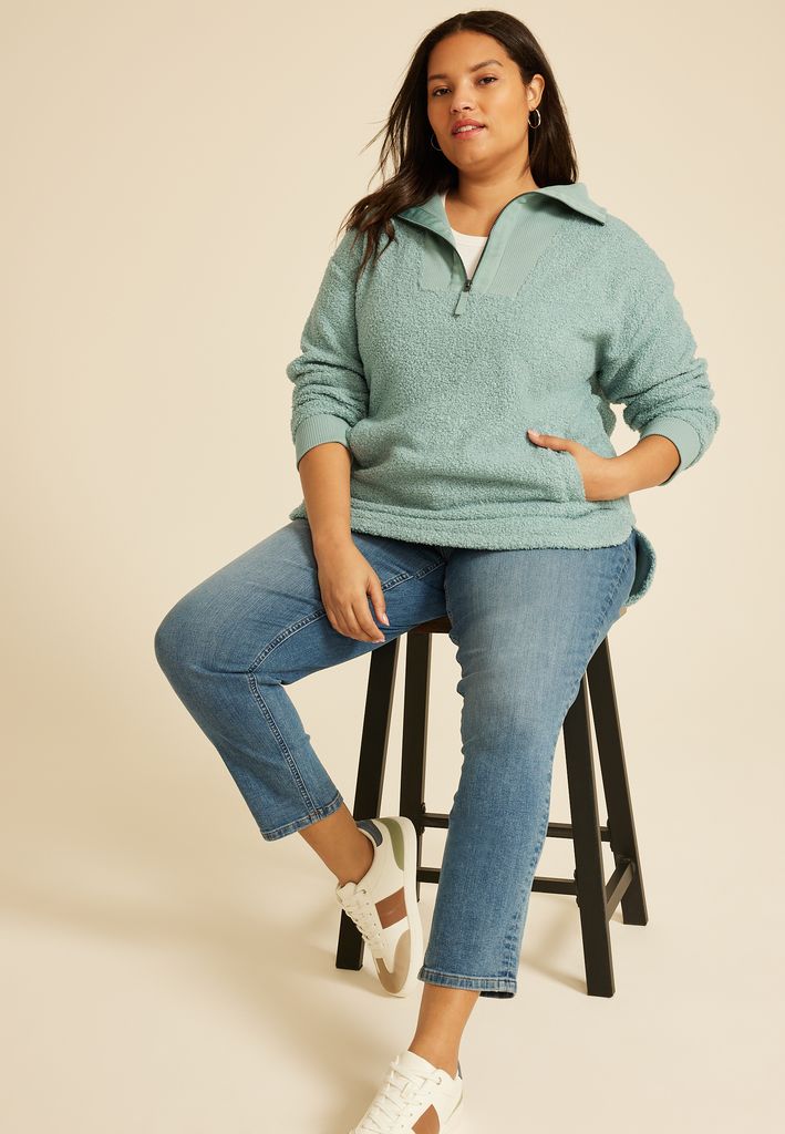 Plus Size Quarter Zip Sherpa Tunic Sweatshirt - Image 3