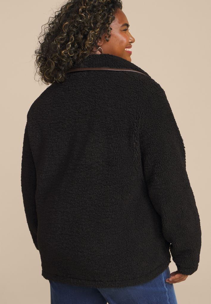 Plus Size Sherpa Faux Leather Trim Jacket - Image 2