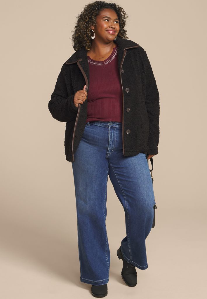 Plus Size Sherpa Faux Leather Trim Jacket - Image 3