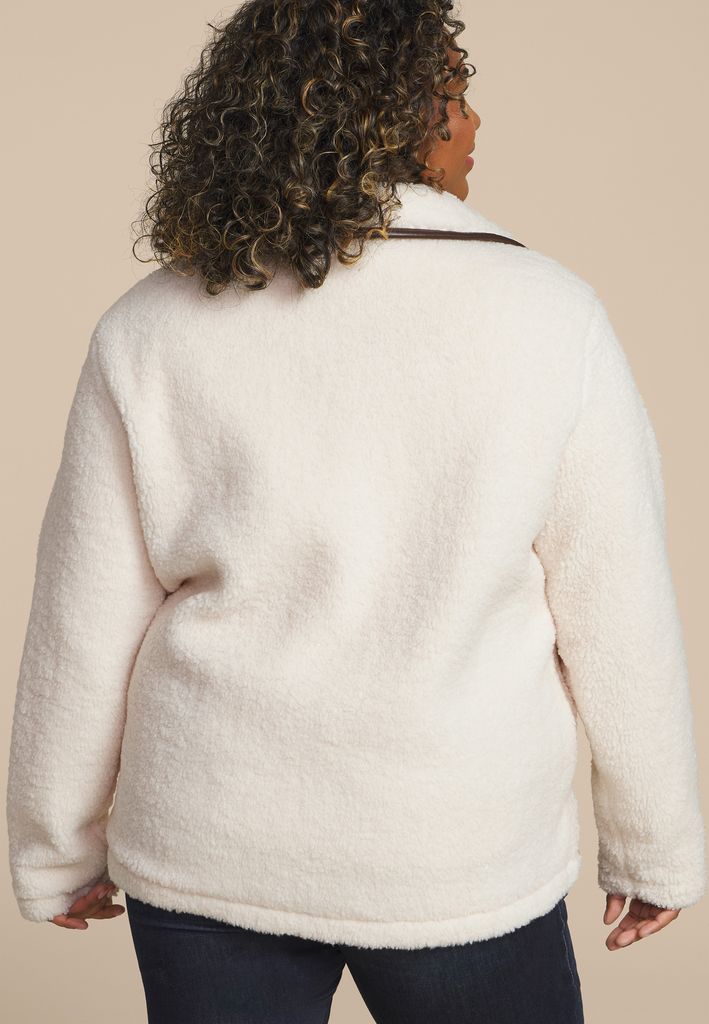 Plus Size Sherpa Faux Leather Trim Jacket - Image 2