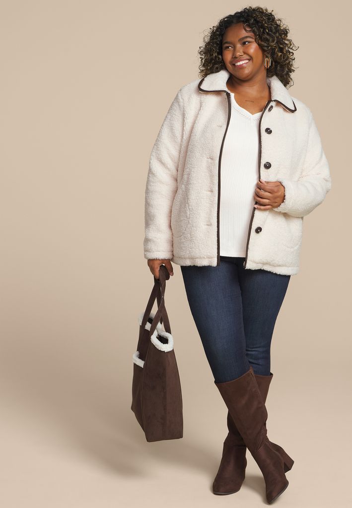 Plus Size Sherpa Faux Leather Trim Jacket - Image 3
