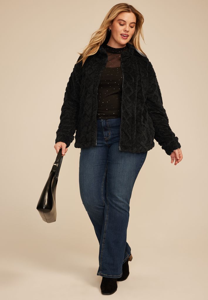 Plus Size Studio Y Cabled Texture Sherpa Jacket
