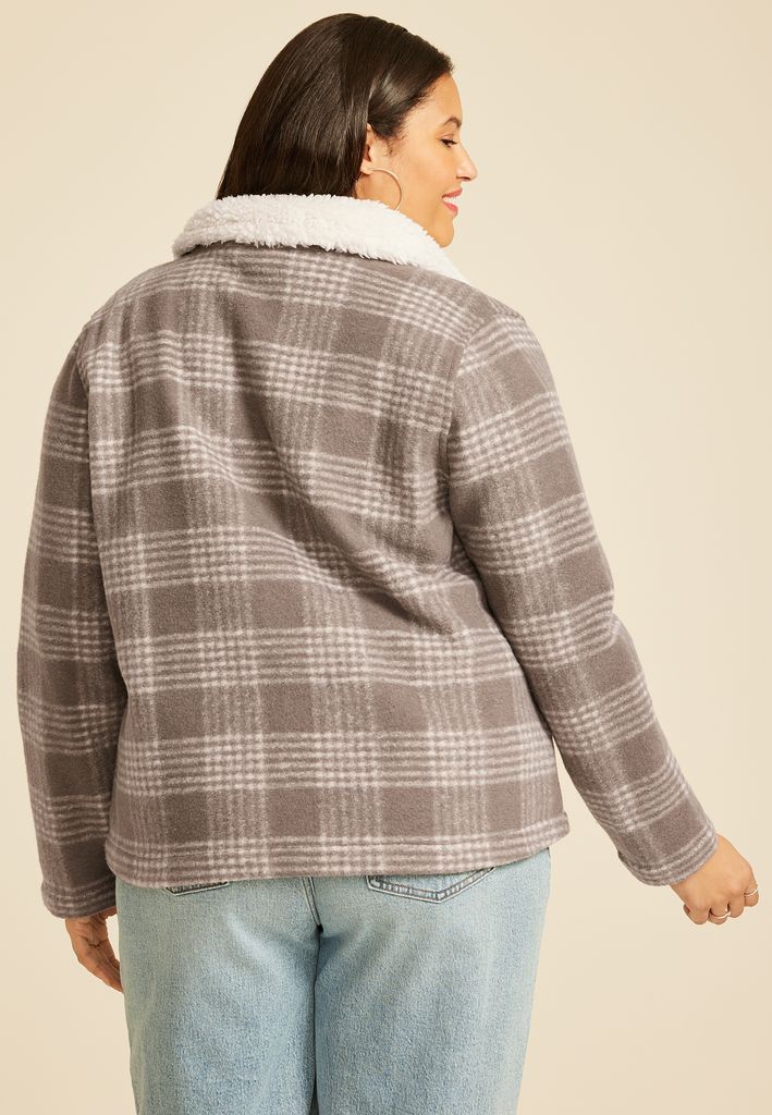 Plus Size Plaid Sherpa Collar Jacket - Image 2