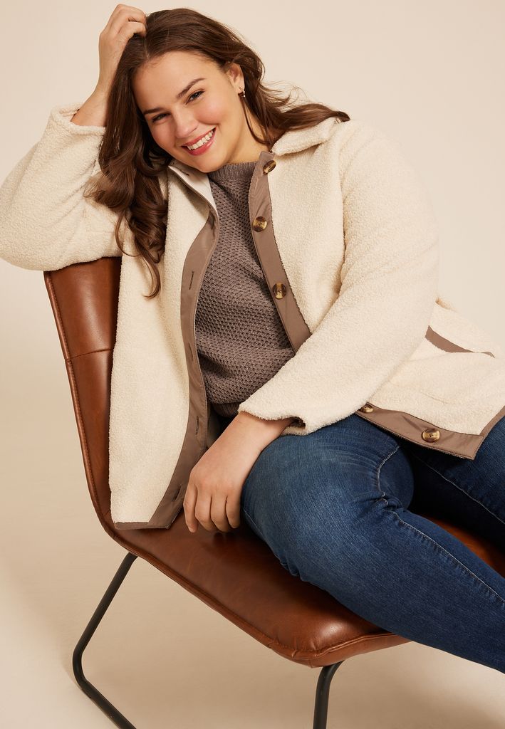 Plus Size Curly Sherpa Button Jacket - Image 3
