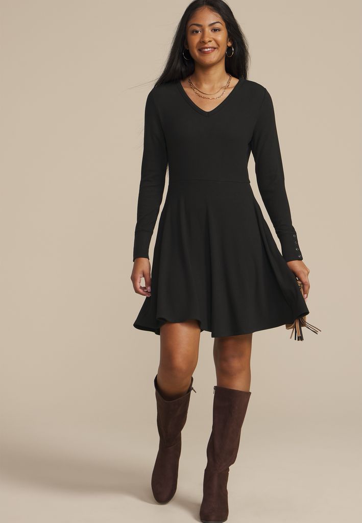 Ribbed V Neck Snap Cuff Skater Dress - Image 3