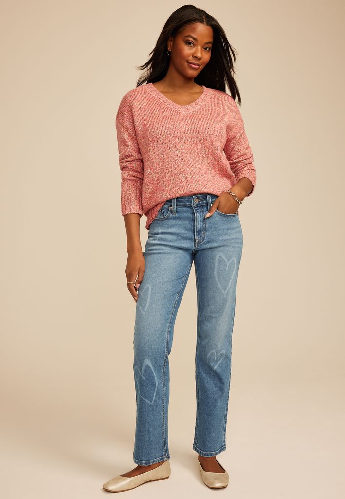 Heart Print High Rise Relaxed Straight Leg Jean - Image 3