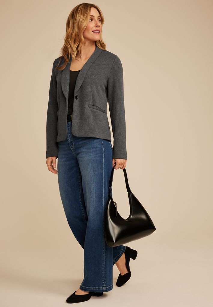 Gray Ribbed Knit Blazer - Image 3