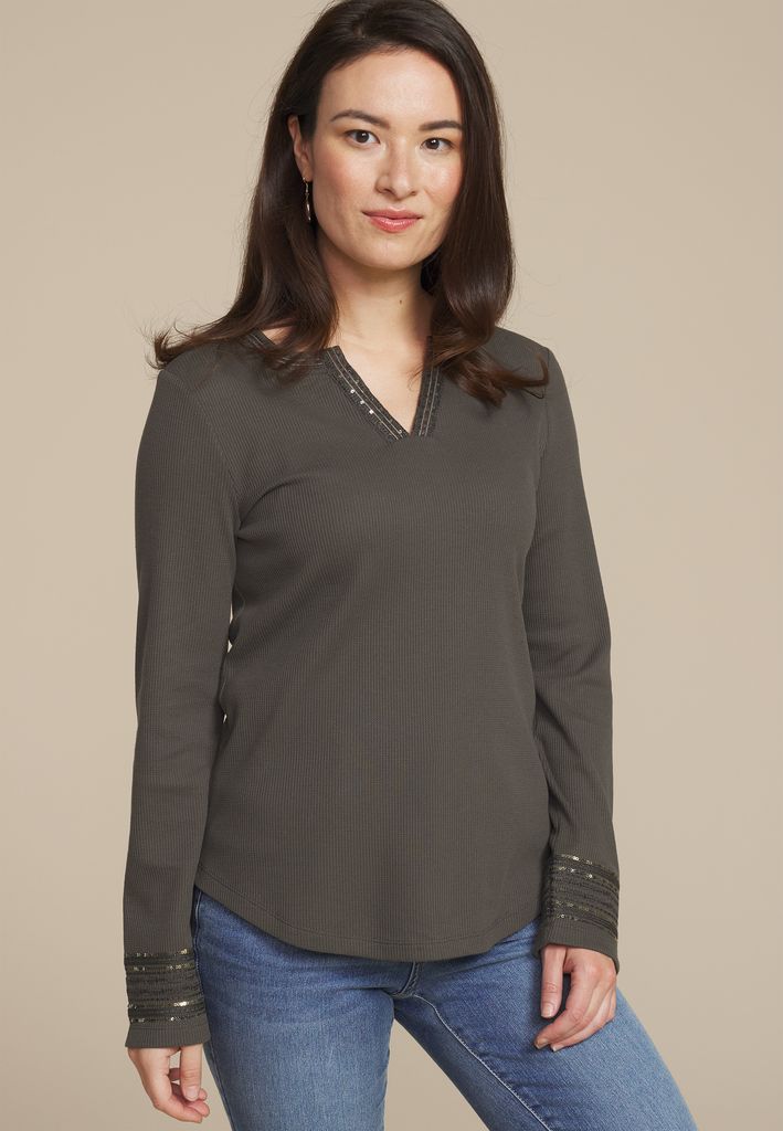 Sequin Embellished Waffle Knit Long Sleeve Tee