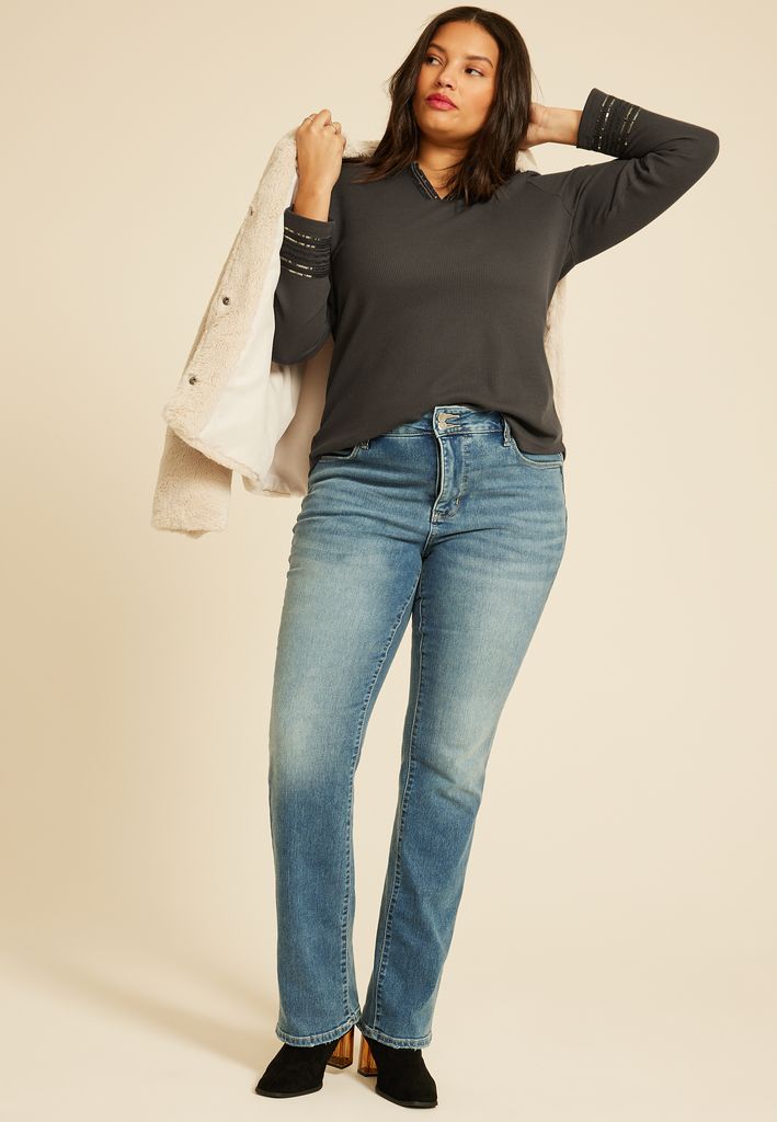 Plus Size Sequin Embellished Waffle Knit Long Sleeve Tee - Image 3