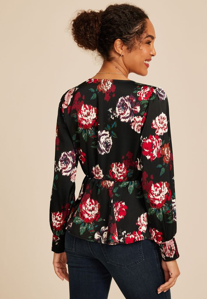 Floral Satin Peplum Blouse - Image 2