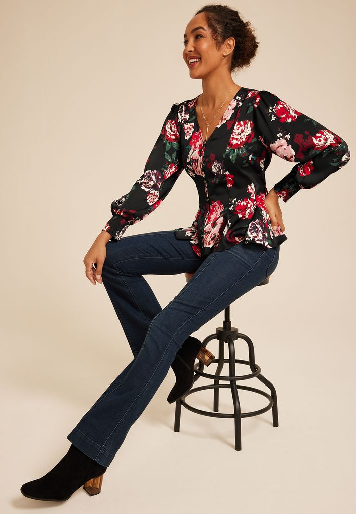 Floral Satin Peplum Blouse - Image 3