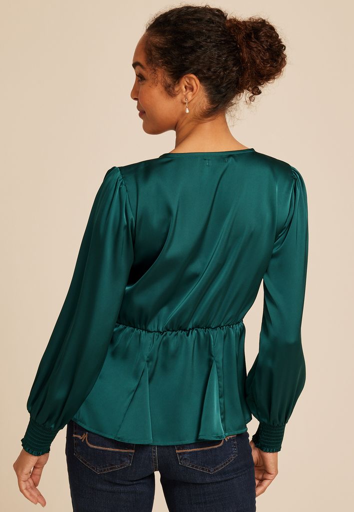 Teal Satin Peplum Blouse - Image 2
