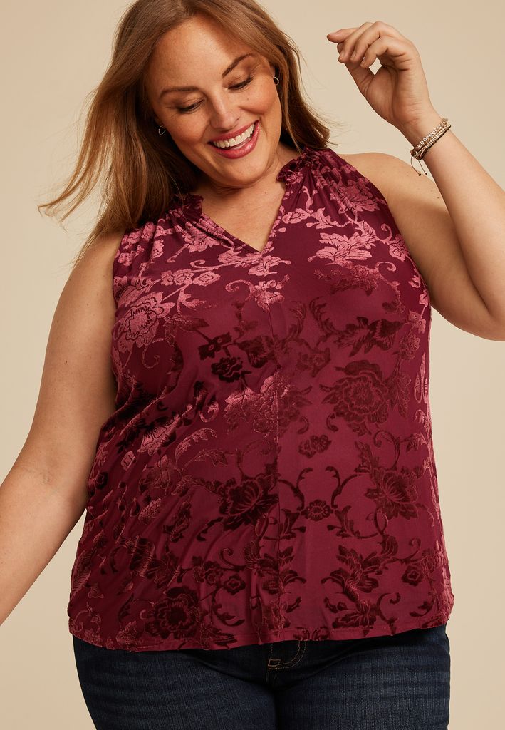 Plus Size Floral Velvet Burnout Tank Top - Image 3