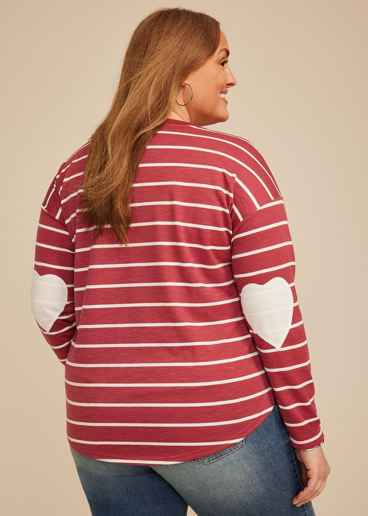 Plus Size Striped Heart Elbow Patch Long Sleeve Tee - Image 2