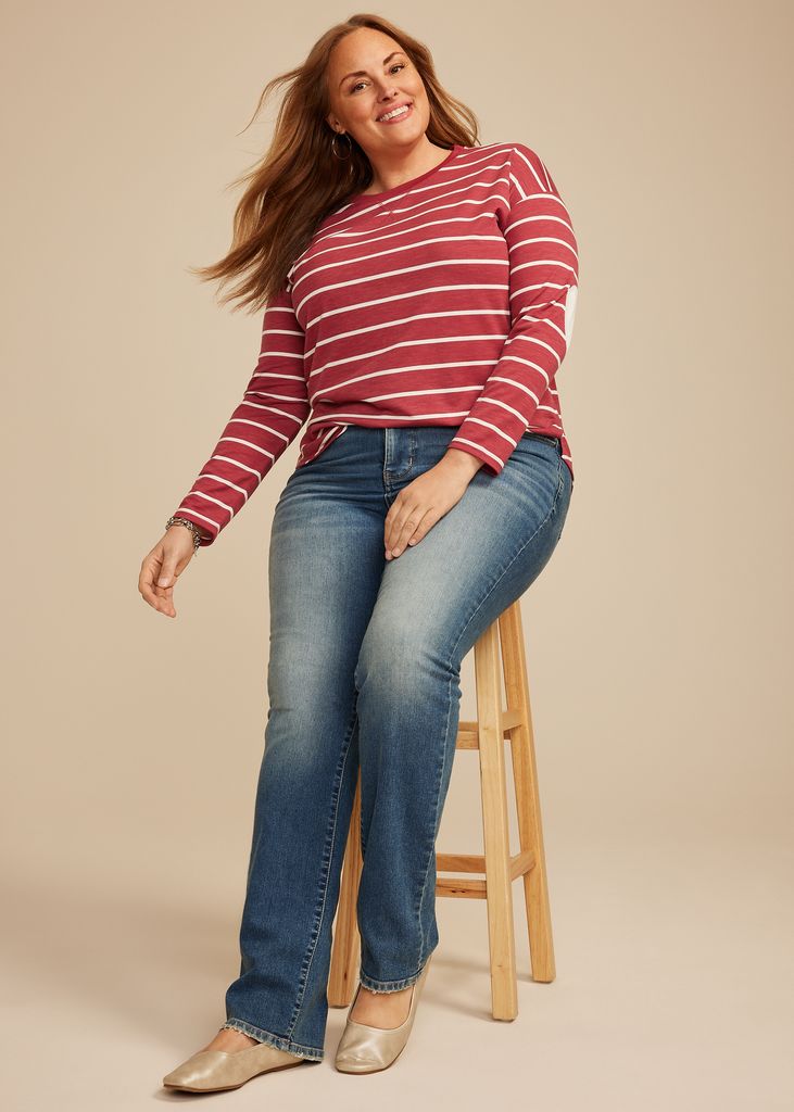 Plus Size Striped Heart Elbow Patch Long Sleeve Tee - Image 3