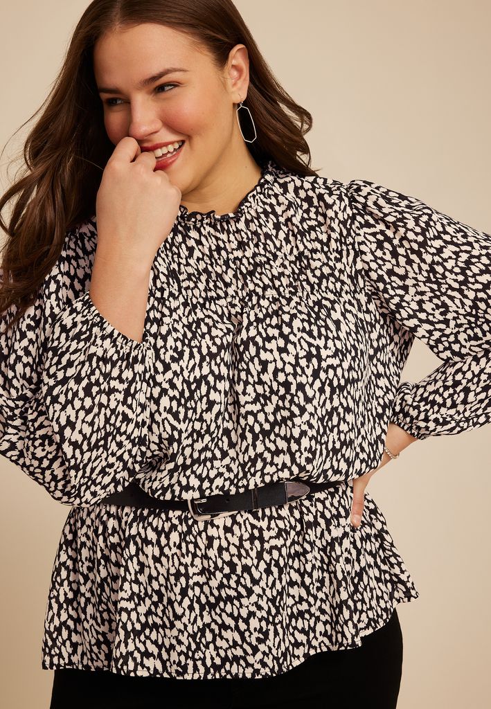 Plus Size Abstract Peplum Smocked Waist Blouse - Image 3