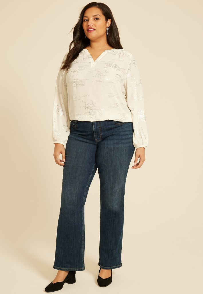 Plus Size Metallic Abstract V Neck Blouse - Image 3