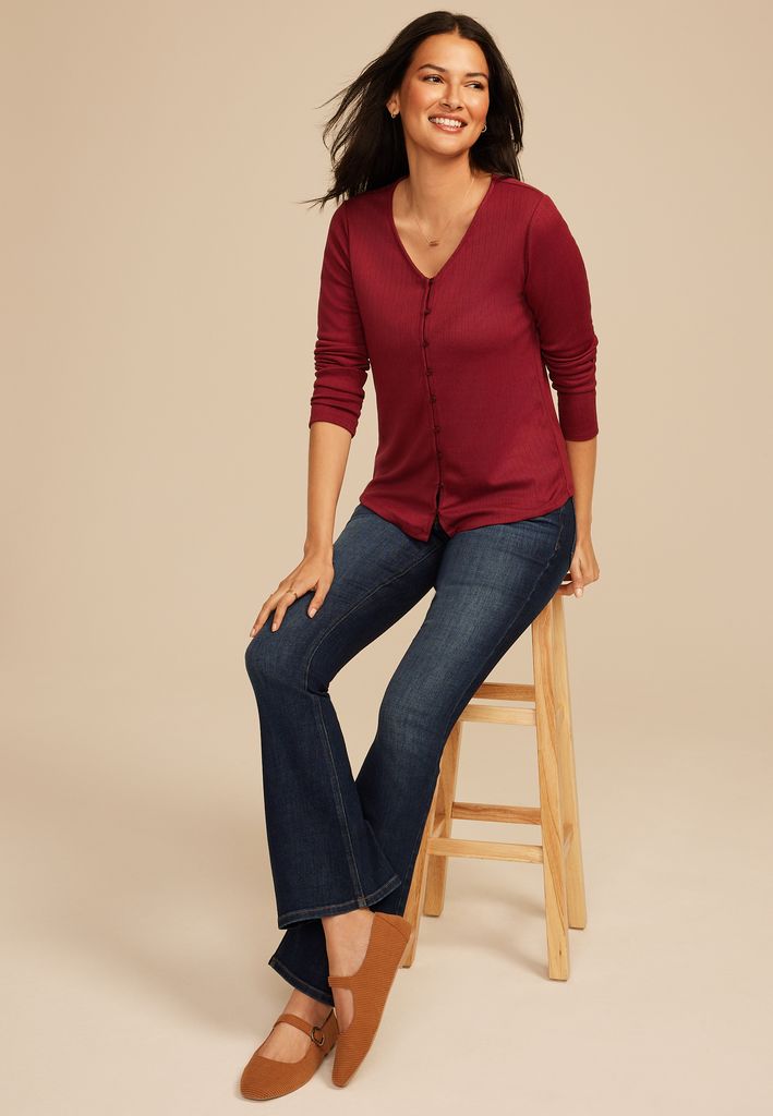 Pointelle Button Front V Neck Top - Image 3