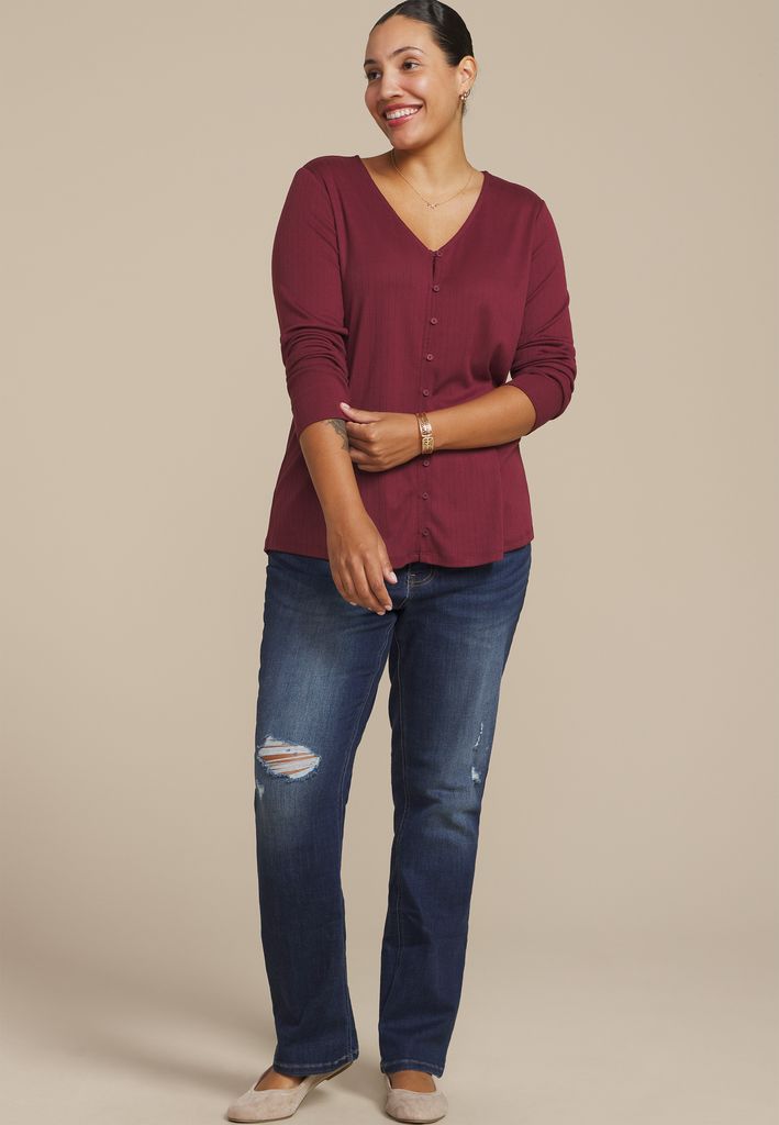 Plus Size Pointelle Button Front V Neck Top - Image 3