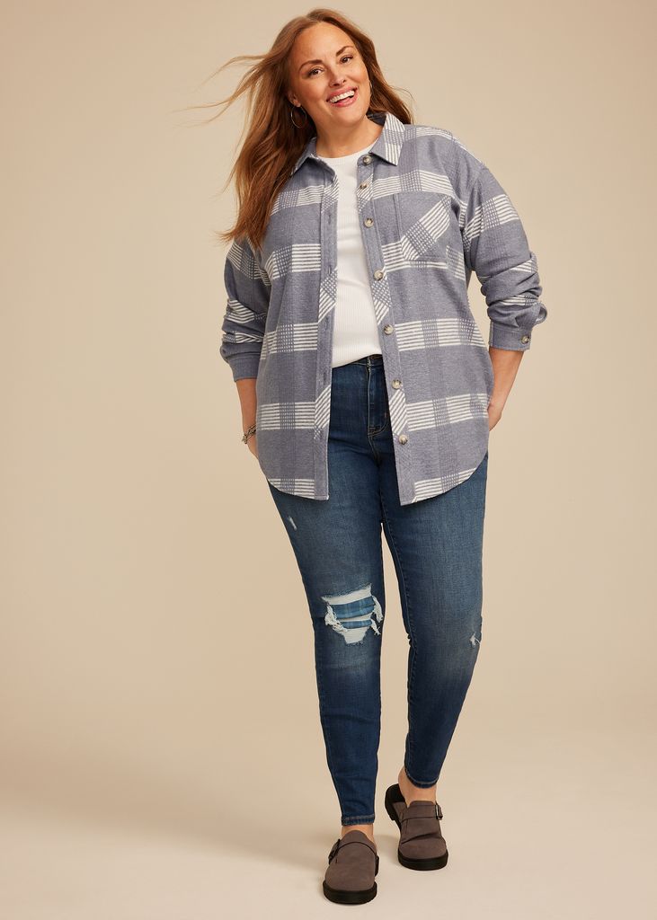 Plus Size Plaid Fleece Oversized Shacket - Image 3