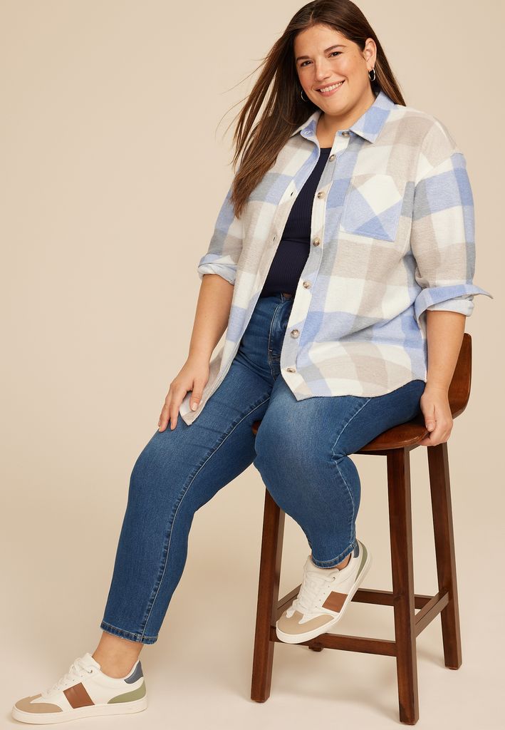 Plus Size Plaid Fleece Oversized Shacket - Image 3