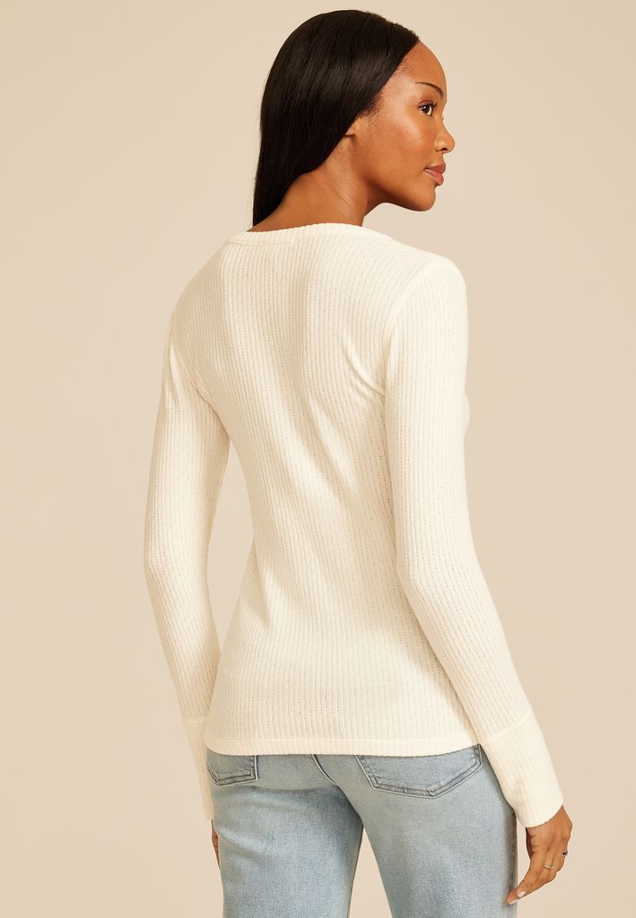 Pointelle Notch Neck Ribbed Long Sleeve Tee - Image 2