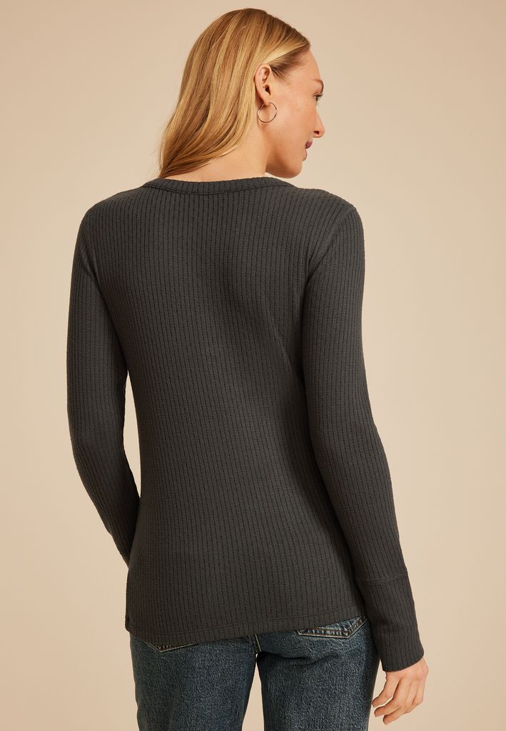 Pointelle Notch Neck Ribbed Long Sleeve Tee - Image 2
