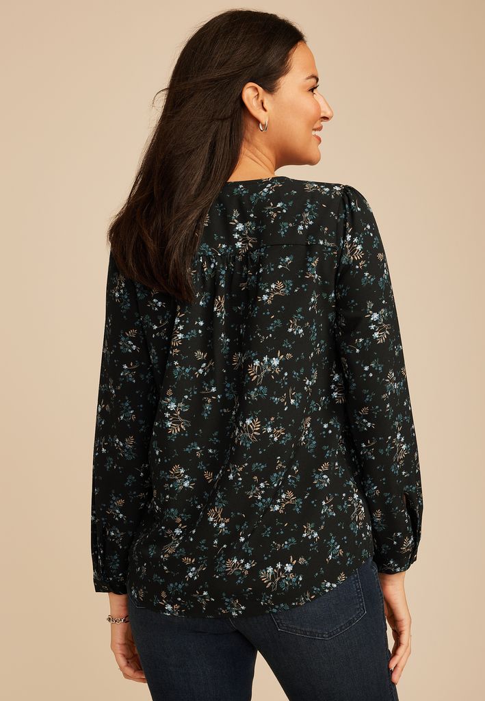 Floral Pleated V Neck Button Front Blouse - Image 2
