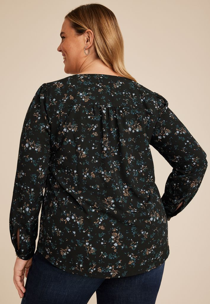 Plus Size Floral Pleated V Neck Button Front Blouse - Image 2