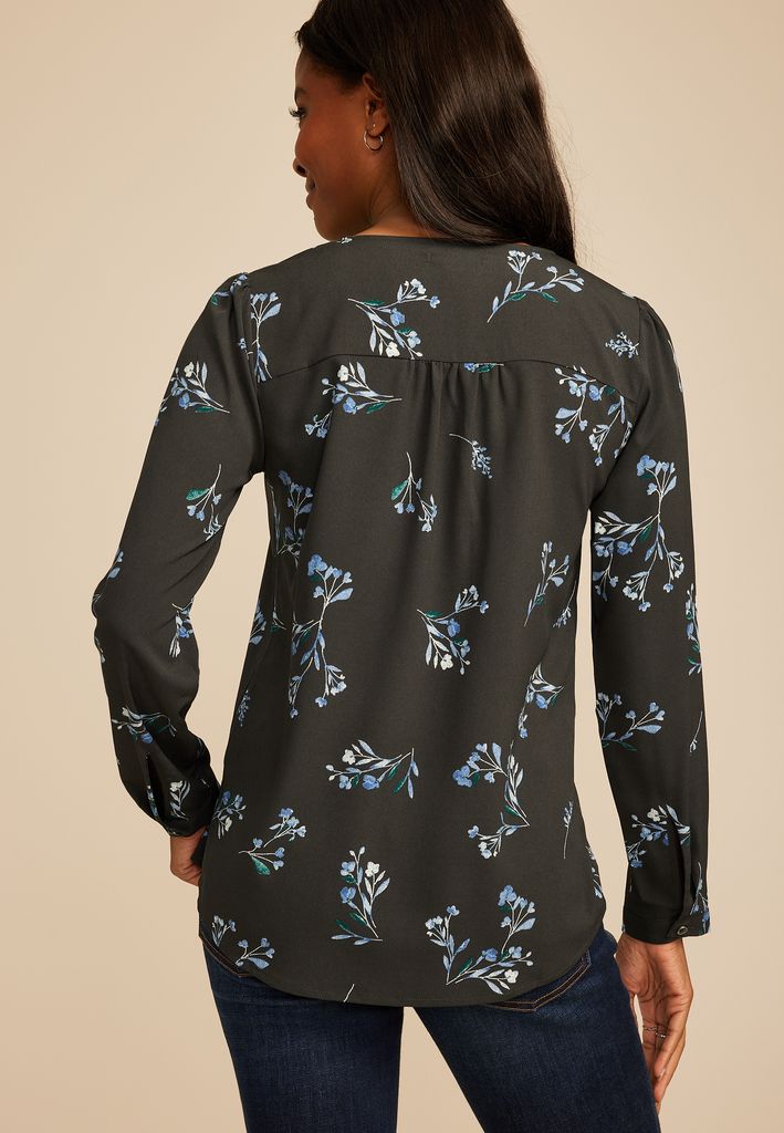 Floral Pleated V Neck Button Front Blouse - Image 2