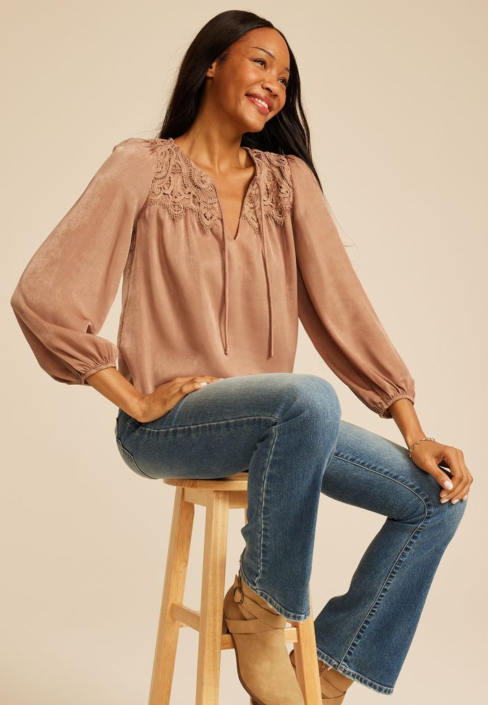 Lace Yoke Satin Peasant Blouse - Image 3