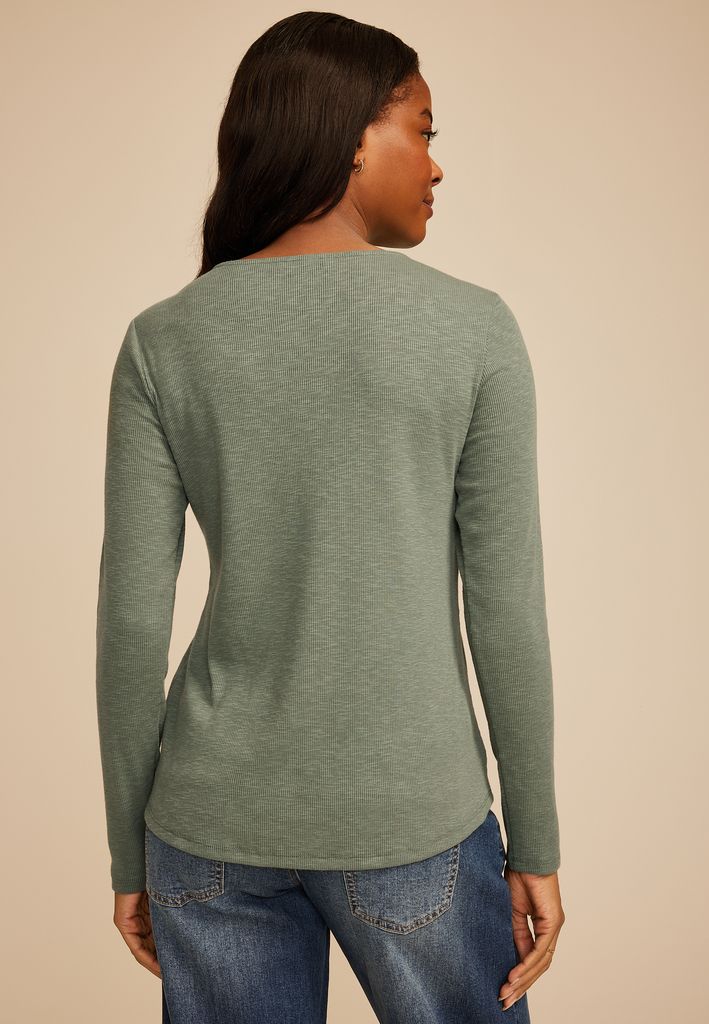 Crochet Yoke Henley Long Sleeve Top - Image 2