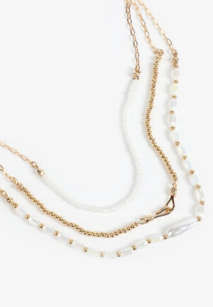 Gold And White Beaded Layered Necklace
