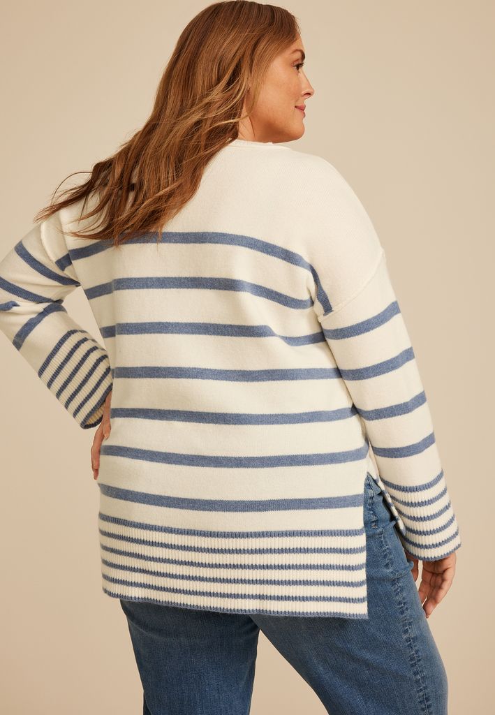 Plus Size Striped Crew Neck Step Hem Sweater - Image 2