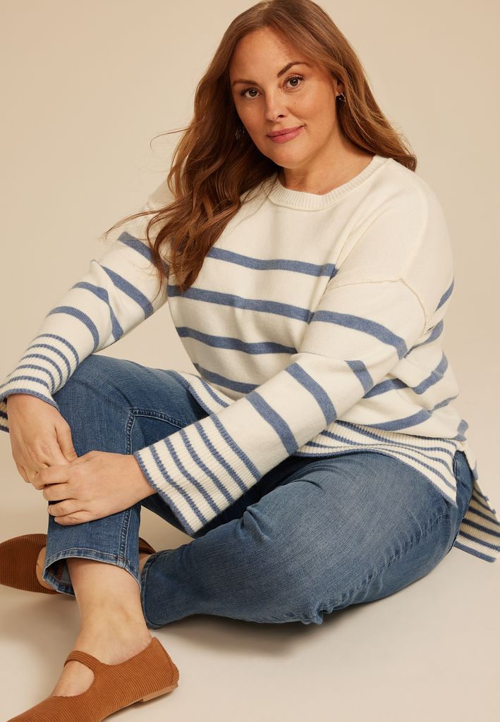 Plus Size Striped Crew Neck Step Hem Sweater - Image 3