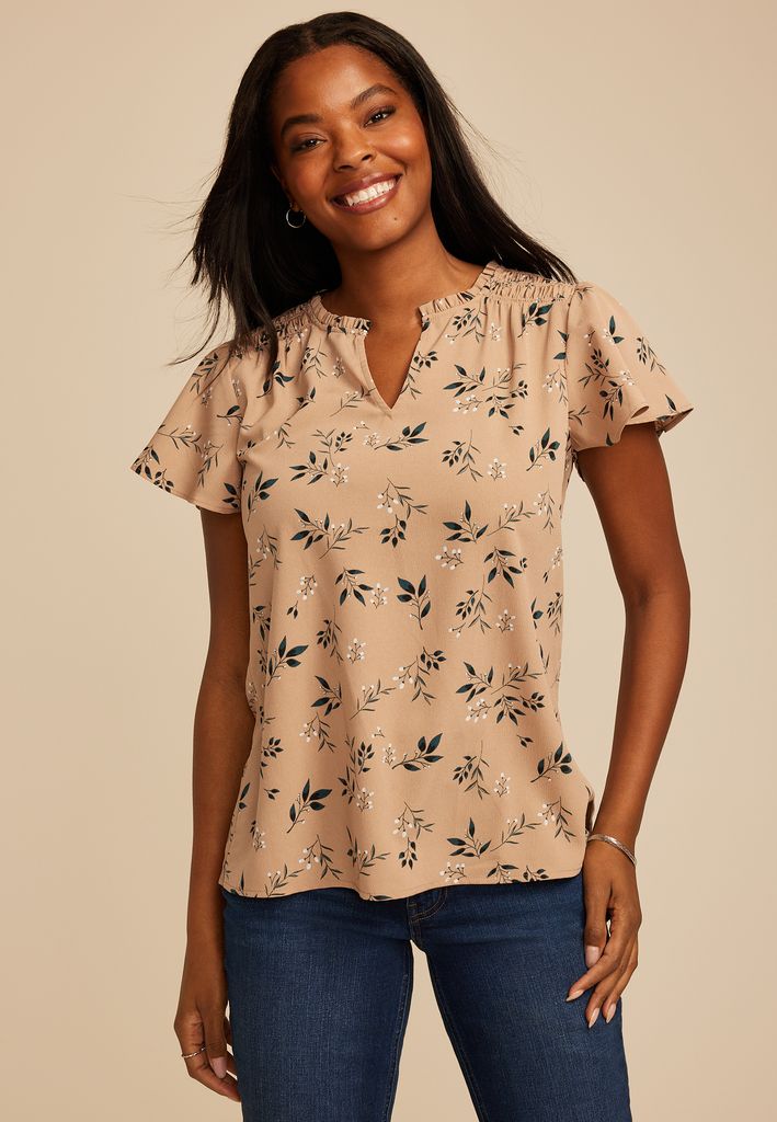 Floral Smocked Shoulder Flutter Sleeve Blouse