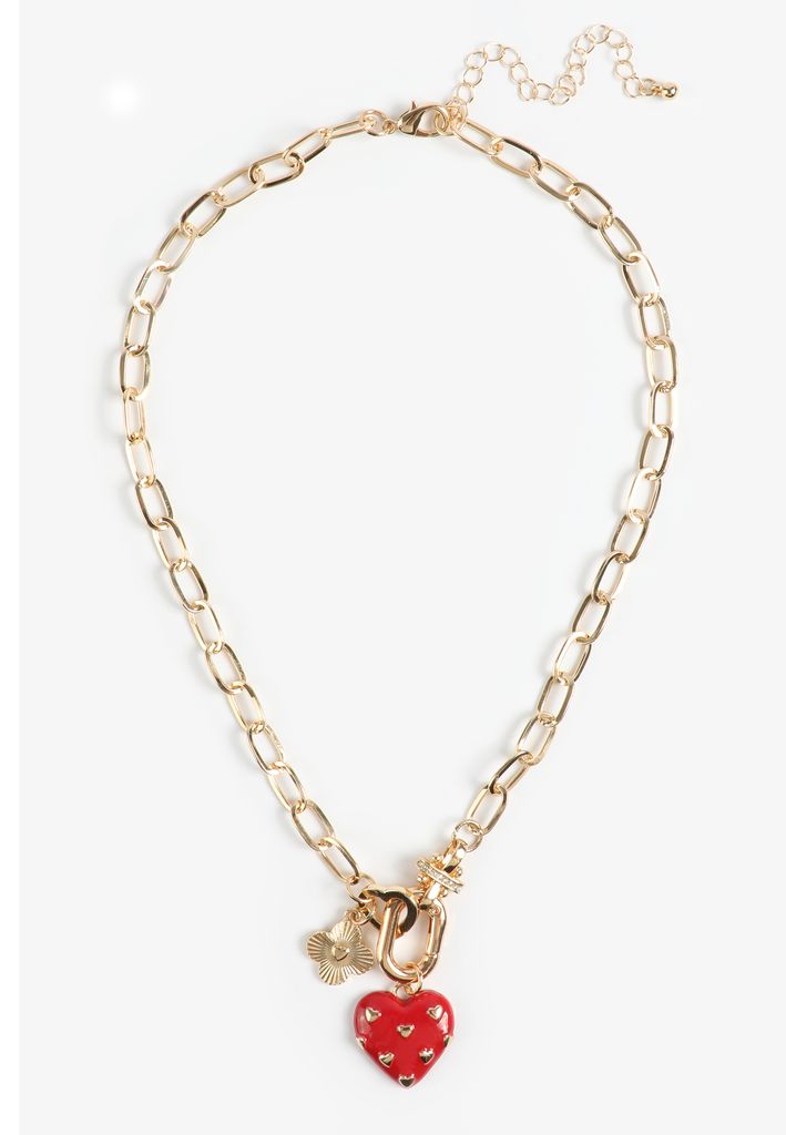 Red Studded Heart Oval Link Charm Necklace - Image 2