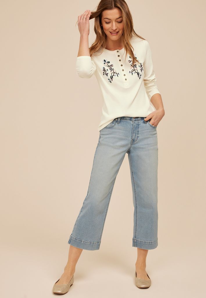 Floral Embroidered Henley Long Sleeve Tee - Image 3