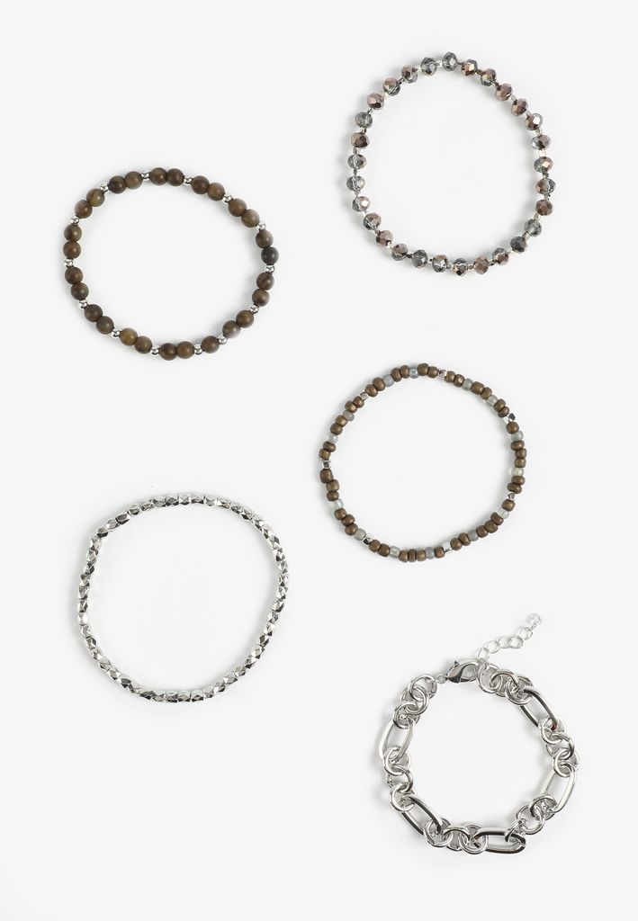 Mixed Beaded Stretch And Silver Link Bracelet Set